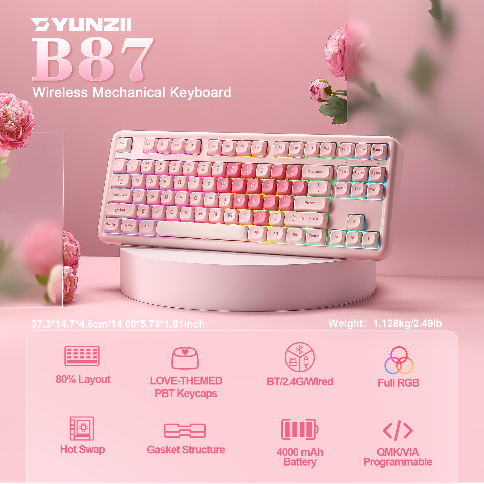 YUNZII B87 Pink Mechanical Gam - đánh giá và giá Keyboard Gaming Mac